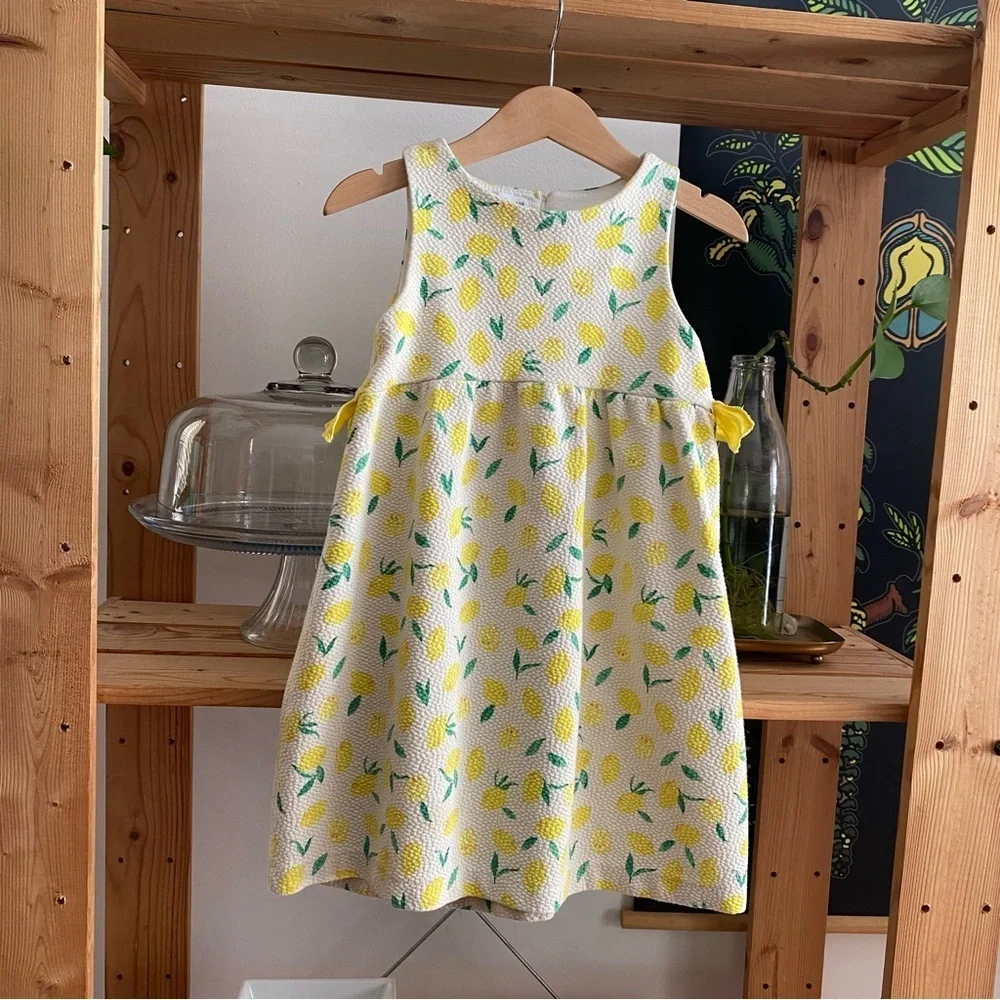 Zara Girls White Yellow Lemon Print Textured Sleeveless Dress 4t
